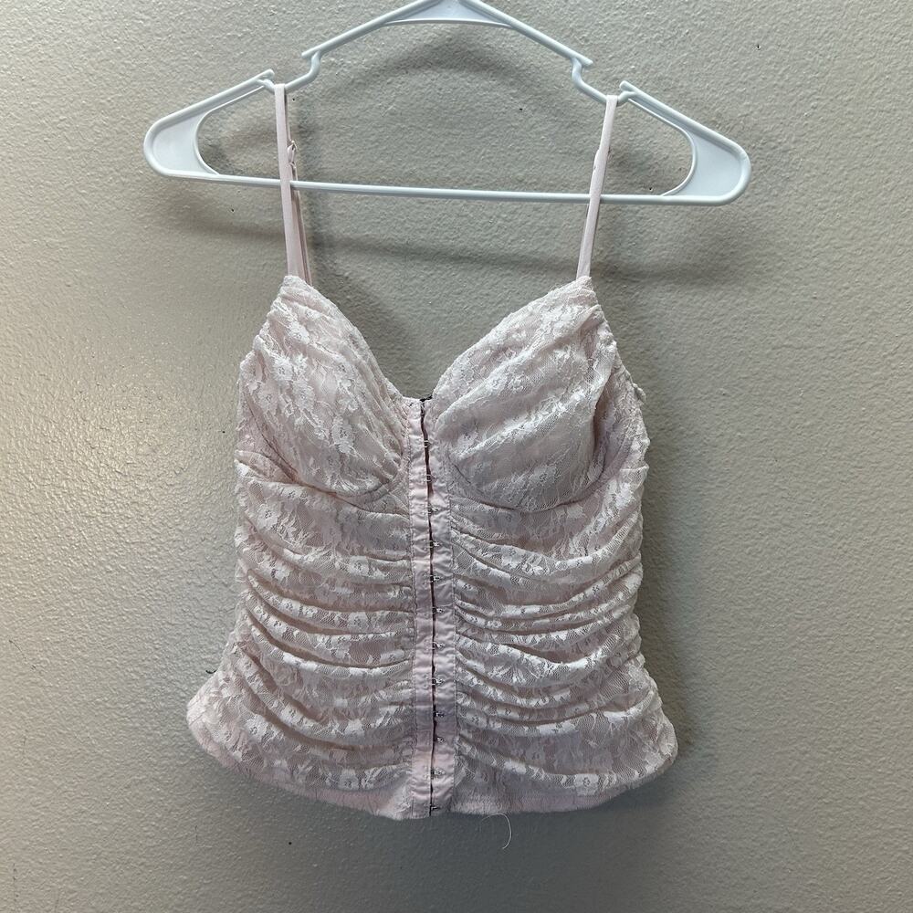 Moa Moa Large Pink mesh bustier corset hook eye tank top Coquette Lace Fairy Y2K
